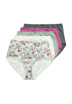 Fem par højtaljede trusser til kvinder med blomsterprint i pink, grøn, lilla og mørkegrøn, stablet i en vifteformet opstilling.