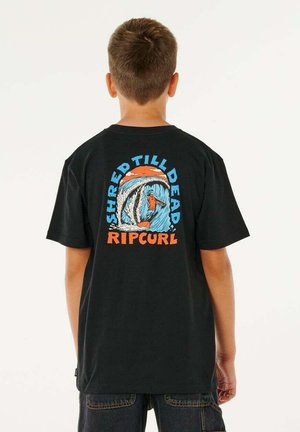 T-shirt en coton noir avec un motif graphique au dos, comportant le texte « SHRED TILL DEAD » et une illustration de vague colorée.