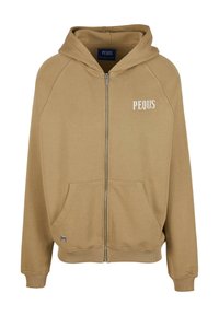 Tan zip-up hoodie made from soft fabric, featuring a front pocket, ribbed cuffs, and the brand name "PEQUS" printed in white on the chest.