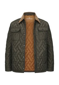 Steppjacke in Olivgrün mit braunem, diamantgemustertem Innenfutter. Verfügt über Druckknöpfe, zwei Brusttaschen und einen Cordkragen.