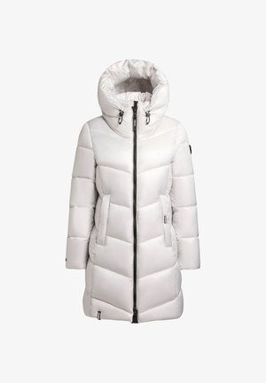 Leichte Pufferjacke in Hellgrau mit hohem Kragen, Frontreißverschluss und zwei Seitentaschen. Sie verfügt über ein gestepptes Muster und eine verstellbare Kapuze.