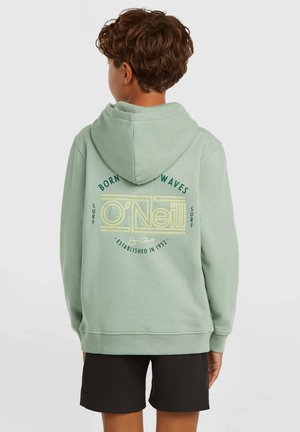 Mint green hoodie with drawstring, featuring a yellow graphic print and text on the back. Made of soft, textured fabric. Comfortable fit.