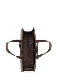 Brown leather handbag with two handles, rectangular shape, and a lined interior featuring pockets for organization.