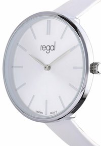 Minimalistisch wit wijzerplaat polshorloge met zilveren uurmarkeringen, zilveren wijzers, gepolijste zilveren kast en wit bandje, toont tijd 10:10:10.