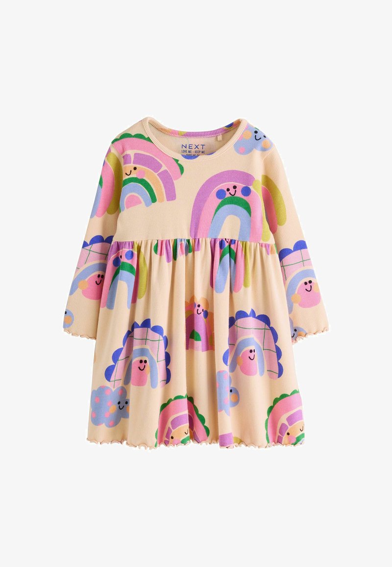 Vestido beige de manga larga para niño pequeño con patrones de arcoíris sonrientes, nubes y sol en rosa, morado, azul, verde y amarillo.