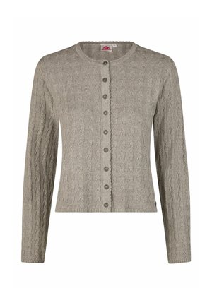 Lichtbruine gebreide cardigan met kabelpatroon, ronde hals en rij decoratieve metalen knopen aan de voorkant.