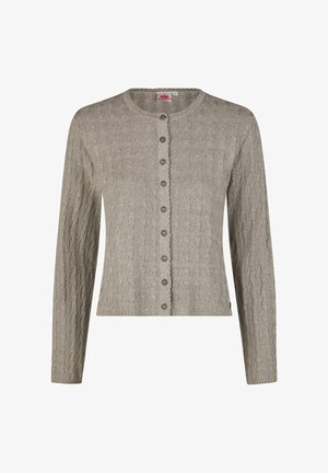 Hellbraune gestrickte Strickjacke mit Zopfmuster, rundem Ausschnitt und einer Reihe dekorativer Metallknöpfe vorne.