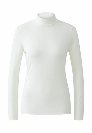 Weiße Langarm-Turtleneck aus glattem, dehnbarem Stoff. Hat ein tailliertes Design und einen hohen Kragen, ideal zum Layering.