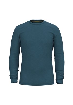 Langærmet teal skjorte lavet af tekstureret stof med rund hals. Tætsiddende design med samlet manchetter ved ærmerne.