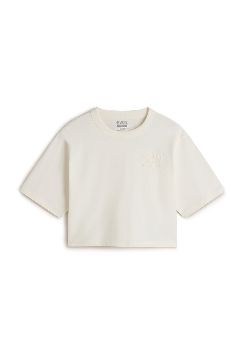 Beskåret, cremefarvet bomulds-t-shirt med korte ærmer. Har broderet tekst "MADE FOR THE ELEMENTS" på forsiden. Glat tekstur.