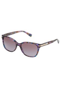 Ochelari de soare colorati cu un cadru din plastic cu model în violet și scoică, având lentile degradate și accente ton aurie pe balamale.