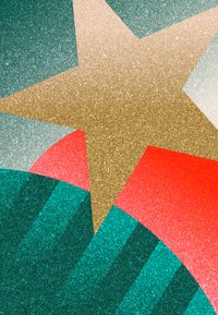 Αφηρημένος σχεδιασμός με μια χρυσή αστερία, σε έντονες τροπικές αποχρώσεις του τιρκουάζ, του κόκκινου και του πράσινου. Λαμπερή υφή σε διάφορα γεωμετρικά σχήματα.