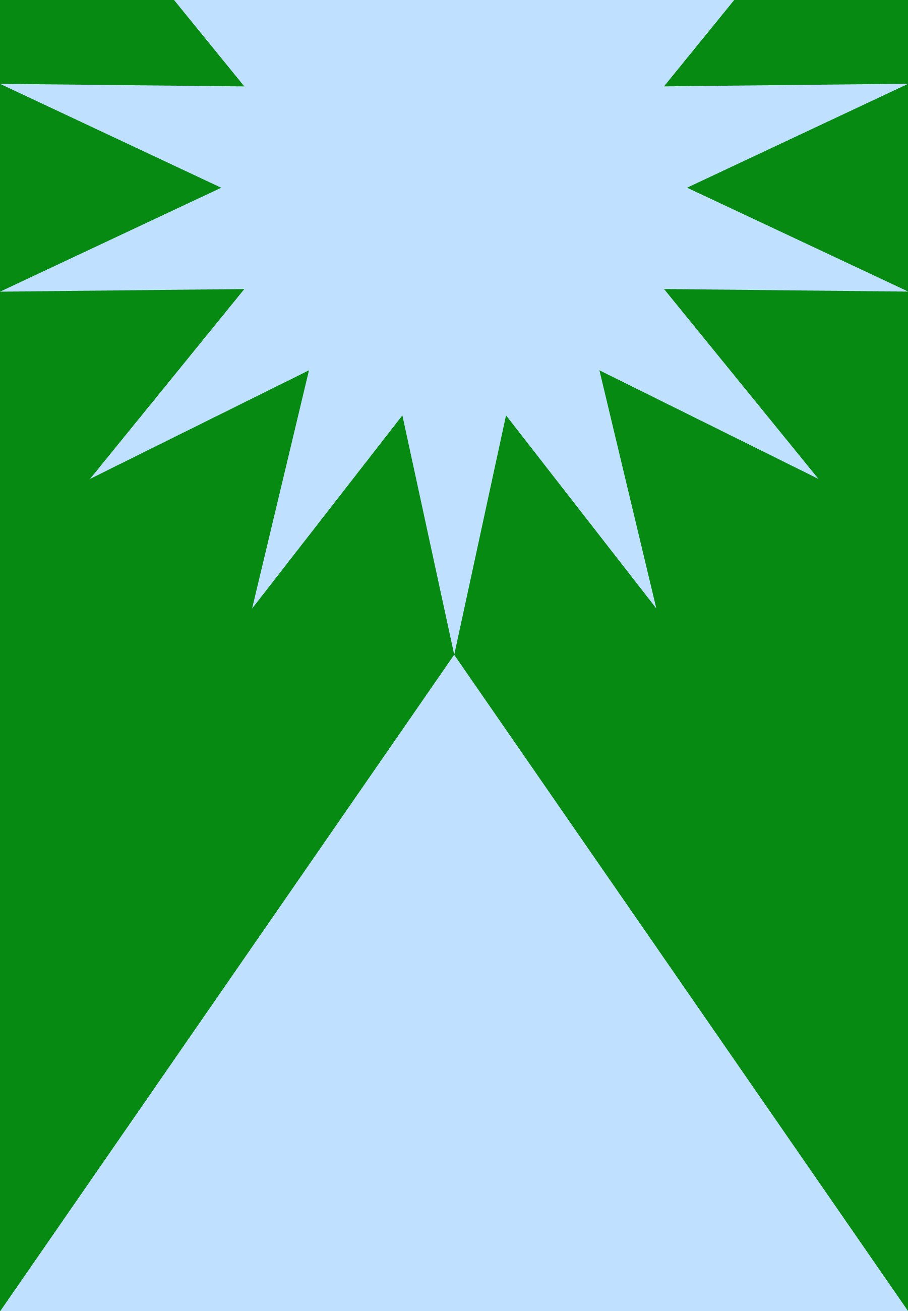 Geometric design featuring a light blue starburst shape on a dark green background, with sharp points and a triangular base in a lighter shade.