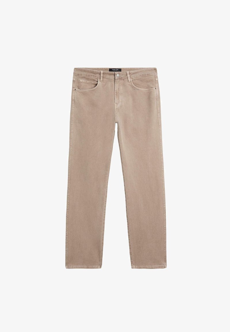 Beige denim jeans with a straight-leg design, five pockets, and a classic button and zipper fly. Smooth texture and minimal stitching details.