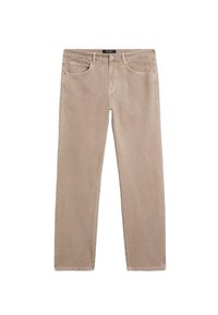 Jeans en denim beige avec une coupe droite, cinq poches et une fermeture à bouton et à glissière classique. Texture lisse et détails de couture minimalistes.