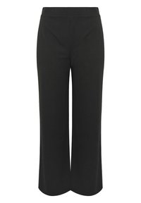 Czarne spodnie o szerokich nogawkach, gładkiej teksturze, elastycznym pasku i dopasowanym kroju. Brak widocznych kieszeni i ozdób.