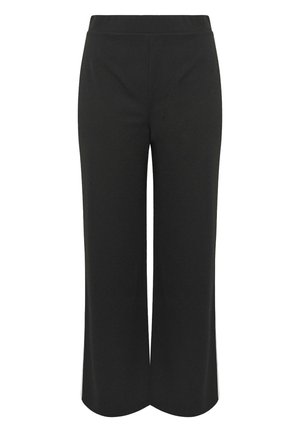 Pantalons larges noirs avec une texture lisse, une taille élastique et un design ajusté. Pas de poches visibles ni d'ornements.