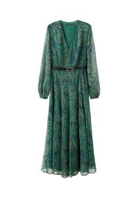 Zielona sukienka w wzory z głębokim dekoltem w szpic, długimi rękawami i paskiem w talii. Tkanina ma wzór paisley w odcieniach niebieskiego i zielonego.