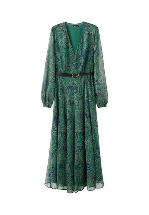 Robe verte à motif avec un décolleté en V profond, manches longues et une ceinture à la taille. Le tissu présente un design paisley dans des tons de bleu et de vert.