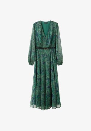 Vestido verde con estampado, con un profundo escote en V, mangas largas y un cinturón en la cintura. La tela presenta un diseño de paisley en tonos azules y verdes.