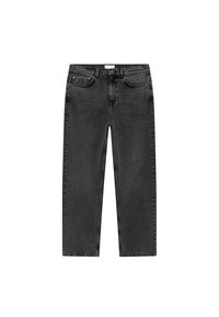 Čierne džíny so rovnými nohavicami, s gombíkovým zapínaním, piatimi vreckami a nenápadnými švovými detailmi. Tkanina má hladkú, mierne opotrebovanú textúru.