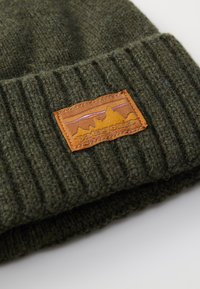 Oliven grøn strikket hue med ribbet tekstur og et brunt rektangulært mærke med bjerge og "patagonia" i orange.