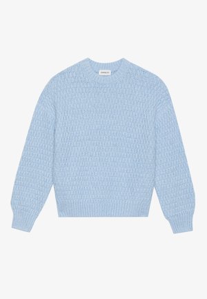Lys blå strikket genser med teksturert mønster, rund hals og ribbede mansjetter. Klassisk passform med lange ermer og cropped lengde.