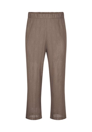 Knee-length, light brown knit pants with a textured diamond pattern and an elastic waistband. Features two side pockets.