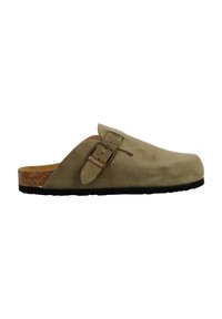Clogs made of olive-green suede with a cork footbed, featuring a metal buckle and a black rubber outsole for grip.