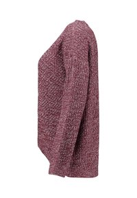 Burgunderroter Strickpullover mit strukturiertem Muster, langen Ärmeln und lockerer Passform. Mit Rundhalsausschnitt und geradem Saum.