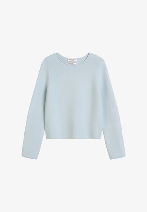 Lichtblauwe gebreide trui met lange mouwen en een ronde halslijn. Heeft een gestructureerde afwerking en een verkorte zoom. Merklabel zichtbaar.
