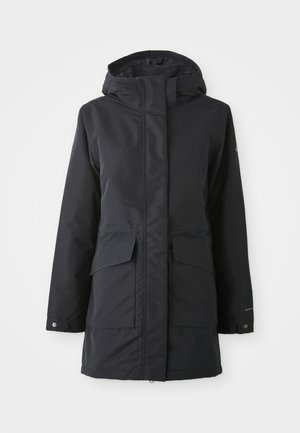 Melna ūdensizturīga parka ar kapuci, ar priekšējo rāvējslēdzēju, divām lielām priekšējām kabatām un elastīgiem manžetēm, nodrošinot drošu piegulšanu. Gluda tekstūra.