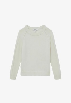 Kremowy sweter wykonany z miękkiego dzianiny, z okrągłym dekoltem oraz prążkowanymi mankietami i dołem. Prosty, nowoczesny design.