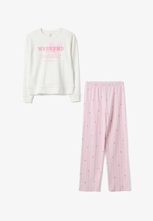 White long-sleeve pajama top with "WEEKEND" text in pink and pink striped pajama pants with small heart patterns.
