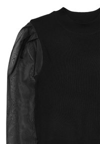 Maglione nero con corpo in maglia, caratterizzato da maniche a sbuffo trasparenti in tulle nero e un collo rotondo a coste.