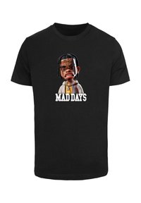 Melnas kokvilnas T-krekls ar karikatūras varoni, kura iezīmes ir pārmērīgas, un uzraksts "MAD DAYS" bieza baltā burtu rakstā.
