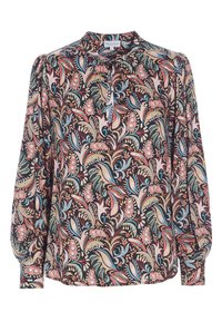 Blouse à manches longues en tissu noir avec un motif floral et paisley coloré. Dotée d'un col rond et d'une encolure à boutons.