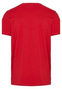 Plain bright red short-sleeve T-shirt shown from the back on a white background.