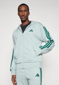 Gaiši zaļš kapucis ar rāvējslēdzēju, izgatavots no mīksta auduma, ar zaļām trīs svītru akcentiem uz piedurknēm, kengura kabatu un logotipu uz krūtīm.