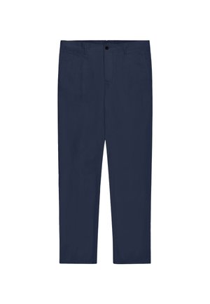 Granatowe spodnie o prostych nogawkach z szlufkami na pasek, kieszeniami po bokach, zapięciem na guziki i zamkiem błyskawicznym.