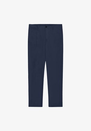 Marineblaue Hose mit geradem Bein, Gürtelschlaufen, Seitentaschen, Knopfverschluss und Reißverschluss.