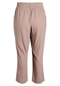 Pantaloni rosa chiaro con vita elastica, dalla vestibilità rilassata, caratterizzati da una superficie liscia e una leggera caduta. Lunghezza cropped con tasche laterali.