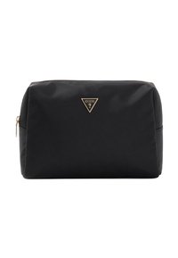 Zwart rechthoekig etui met rits, gemaakt van gladde stof, gouden rits en klein driehoekig Guess-logo gecentreerd aan de voorkant.
