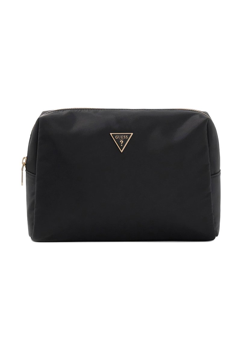 Zwart rechthoekig etui met rits, gemaakt van gladde stof, gouden rits en klein driehoekig Guess-logo gecentreerd aan de voorkant.