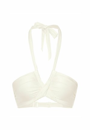 Biały biustonosz bikini z wiązaniem wokół, regulowanym zapięciem na szyi i zapięciem na plecach. Gładka tekstura i brak widocznych wzorów.