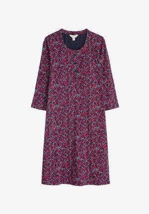 Purple dress with a floral pattern featuring pink and green leaves, round neckline, and three-quarter sleeves. Soft, lightweight fabric.