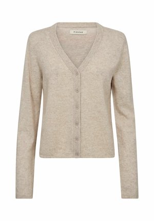 Dugi rukav, bež kardigan s V-izrezom, rebrastim manšetama i prednjim zatvaranjem na šest gumbića. Mekana tekstura s suptilnim tkanim uzorkom.
