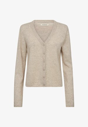 Long-sleeve, beige cardigan with a V-neck, ribbed cuffs, and six-button front closure. Soft texture with a subtle, woven pattern.