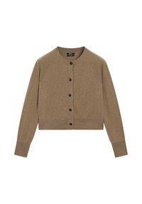 Brun kort kofta i mjukt material med rund halsringning, långa raglanärmar och sex svarta knappar framtill.