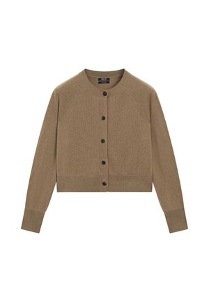 Bruine cropped cardigan gemaakt van zacht materiaal, met een ronde halslijn, lange raglanmouwen en zes zwarte knopen aan de voorkant.